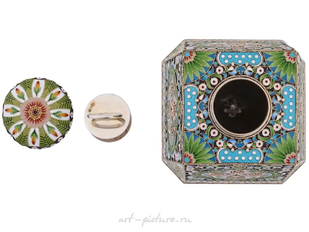 RUSSIAN 88 GILT SILVER CLOISONNE ENAMEL TEA CADDY — photo 10