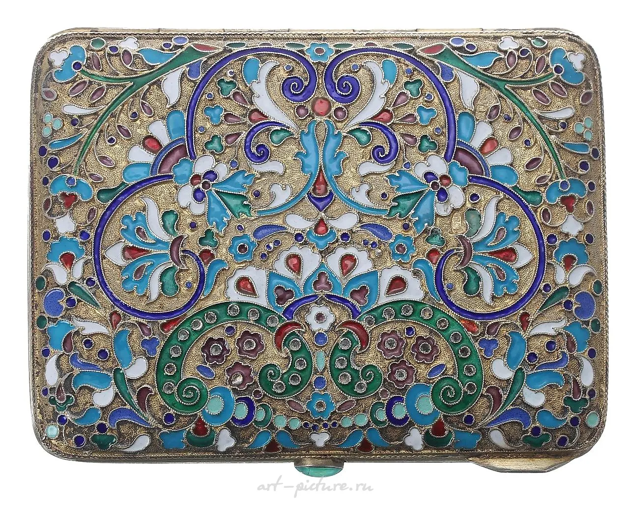 Russian silver and cloisonne cigarette case, with dense scrolling floral patterns on a dark blue background.