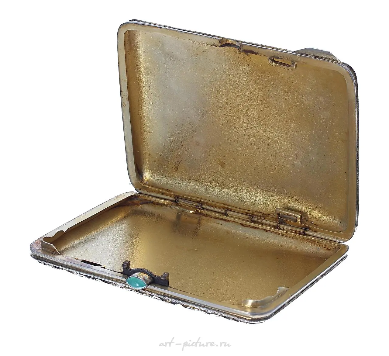 Russian silver and cloisonne cigarette case, with dense scrolling floral patterns on a dark blue background. — photo 3