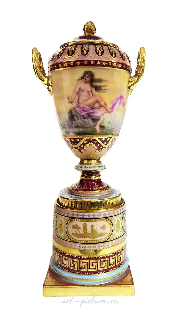 19TH C. PAIR OF HAND PAINTED ROYAL VIENNA URNS/VASES