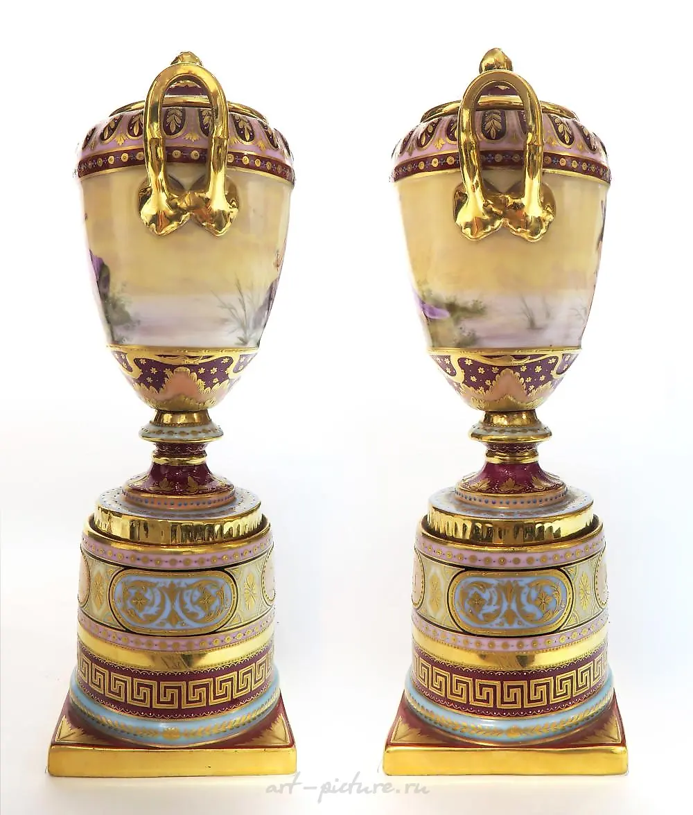 19TH C. PAIR OF HAND PAINTED ROYAL VIENNA URNS/VASES — photo 7