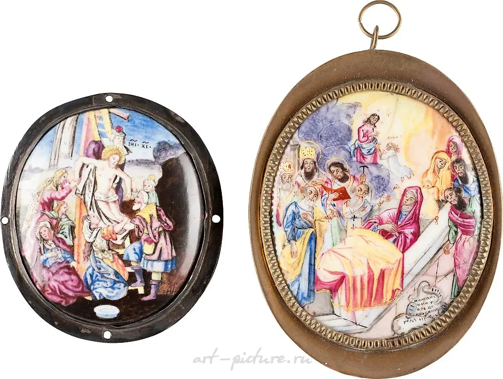 TWO FINE AND LARGE ENAMELS WITH THE CROSS STITCH AND THE E...