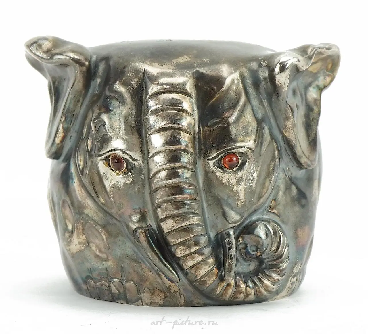 Silver model of a reclining pig with ruby eyes, impressed Ru...