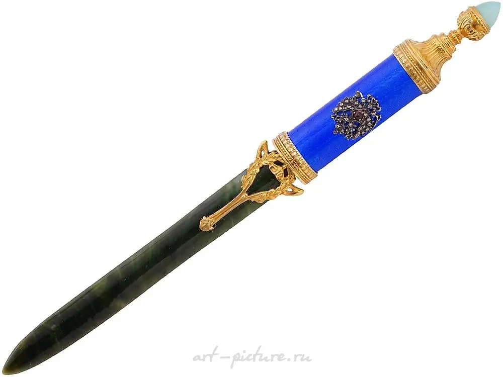 RUSSIAN SILVER CARVED JADE ENAMEL LETTER OPENER — photo 4