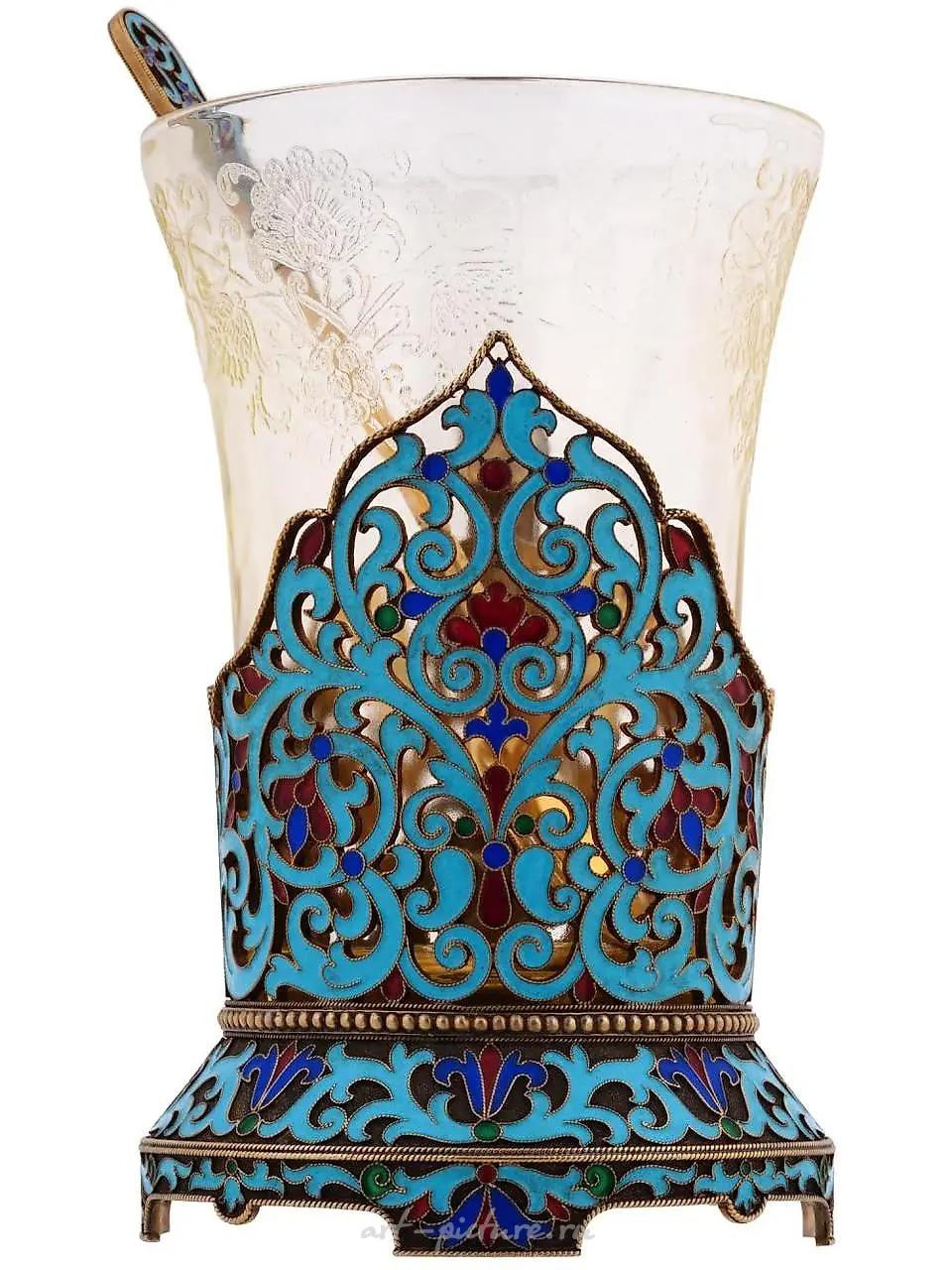 RUSSIAN SILVER ENAMEL TEA GLASS HOLDER WITH SPOON — photo 4