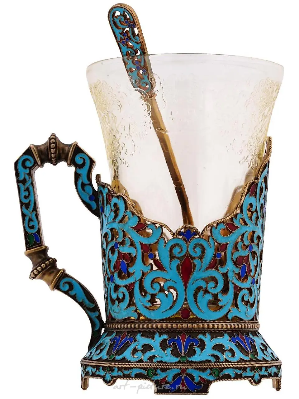RUSSIAN SILVER ENAMEL TEA GLASS HOLDER WITH SPOON — photo 11