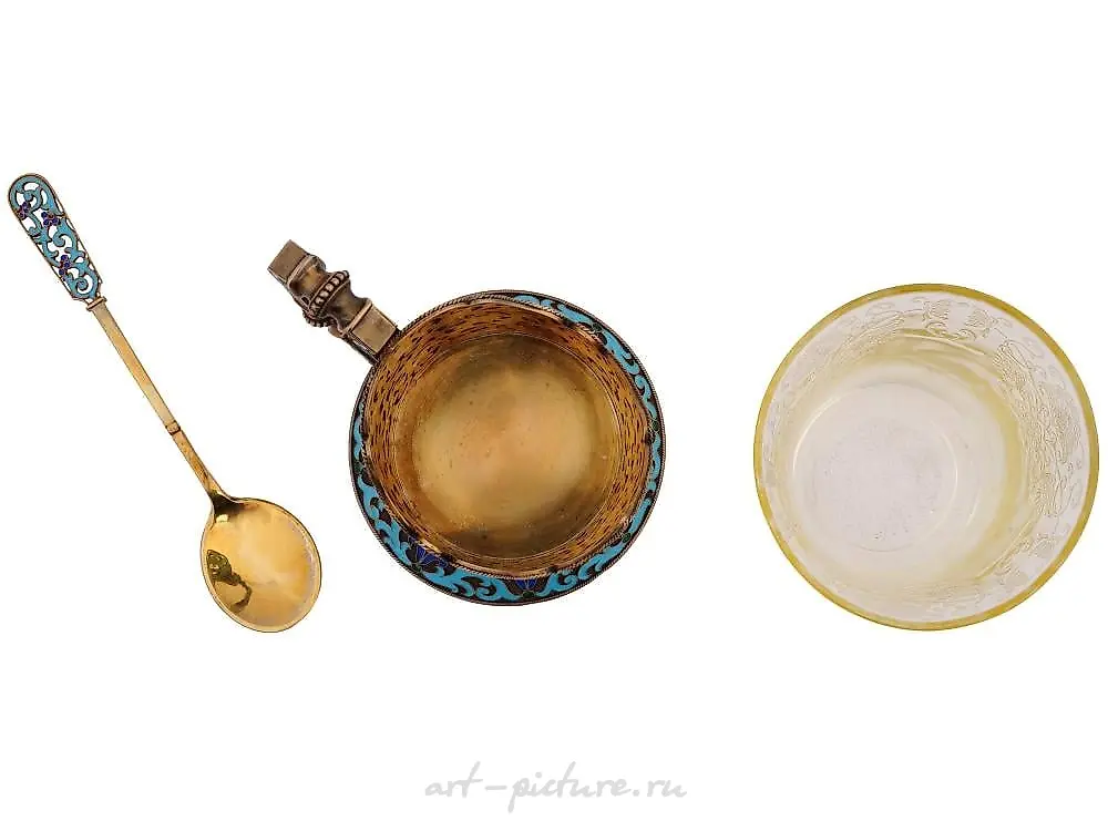 RUSSIAN SILVER ENAMEL TEA GLASS HOLDER WITH SPOON — photo 2