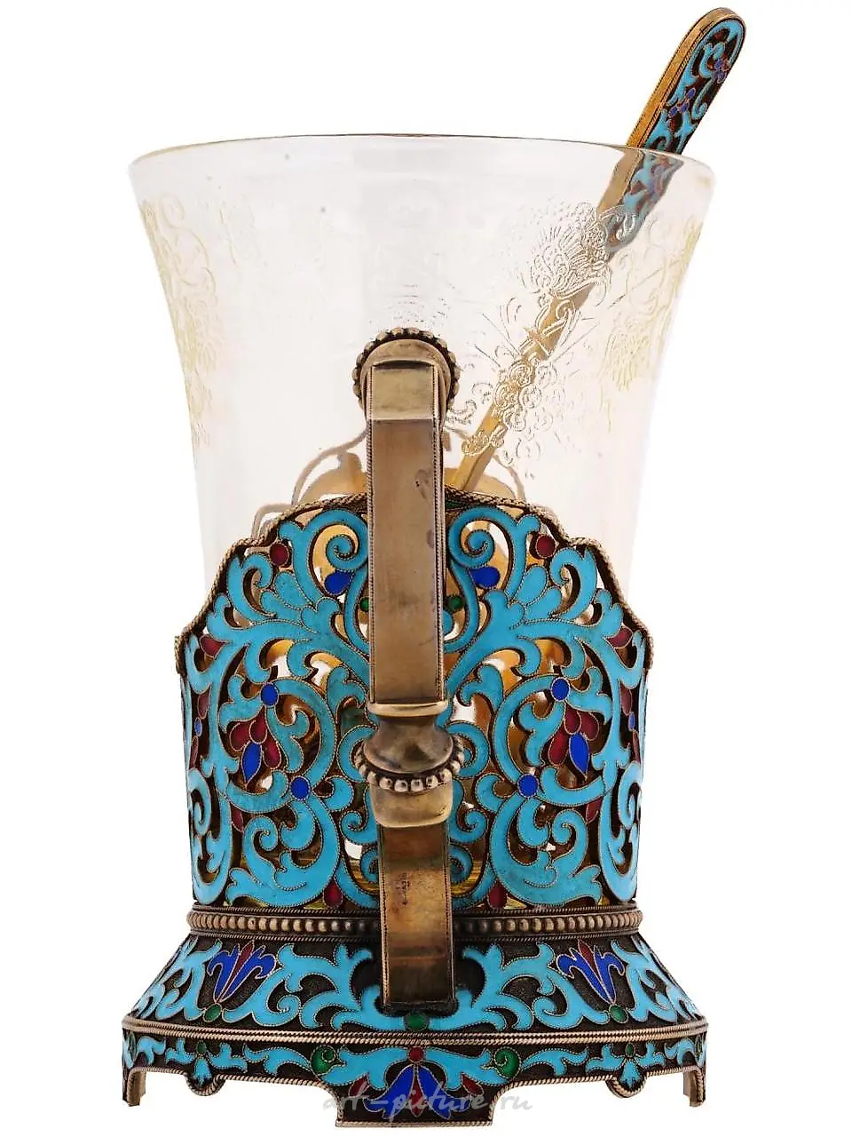 RUSSIAN SILVER ENAMEL TEA GLASS HOLDER WITH SPOON — photo 6