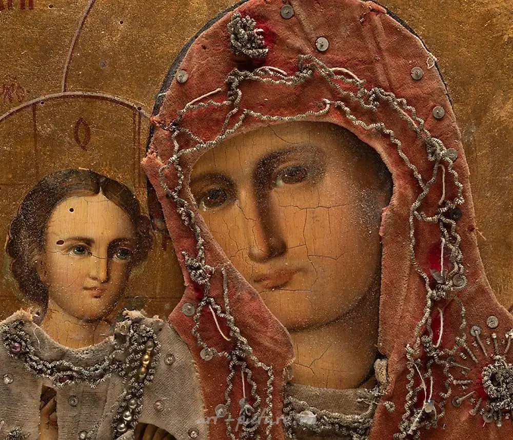 Редкая и необычная русская икона 19 века "Богоматерь с Младенцем" — фото 3