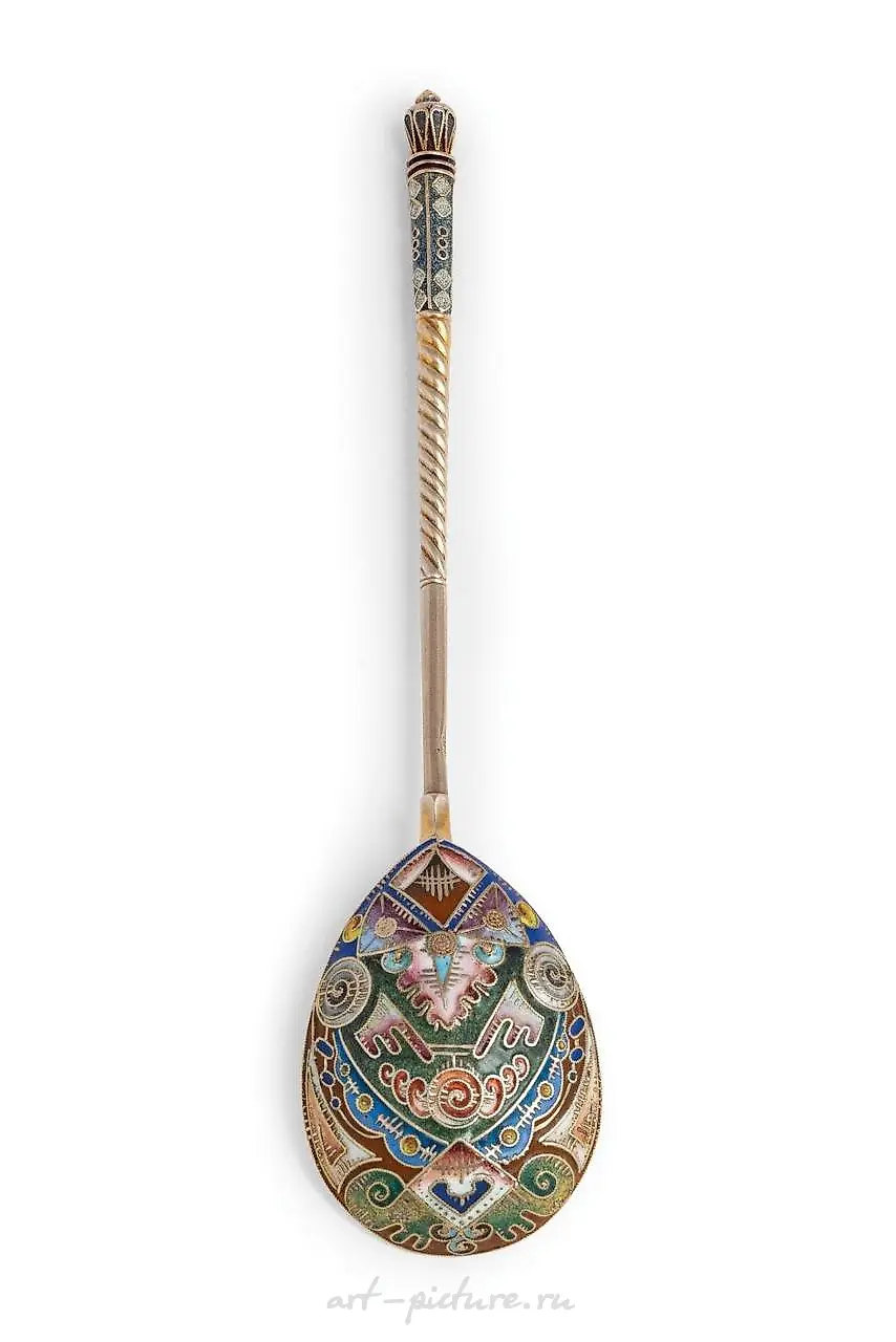 Серебряная ложка с позолотой и эмалью, Москва, 1908-1917