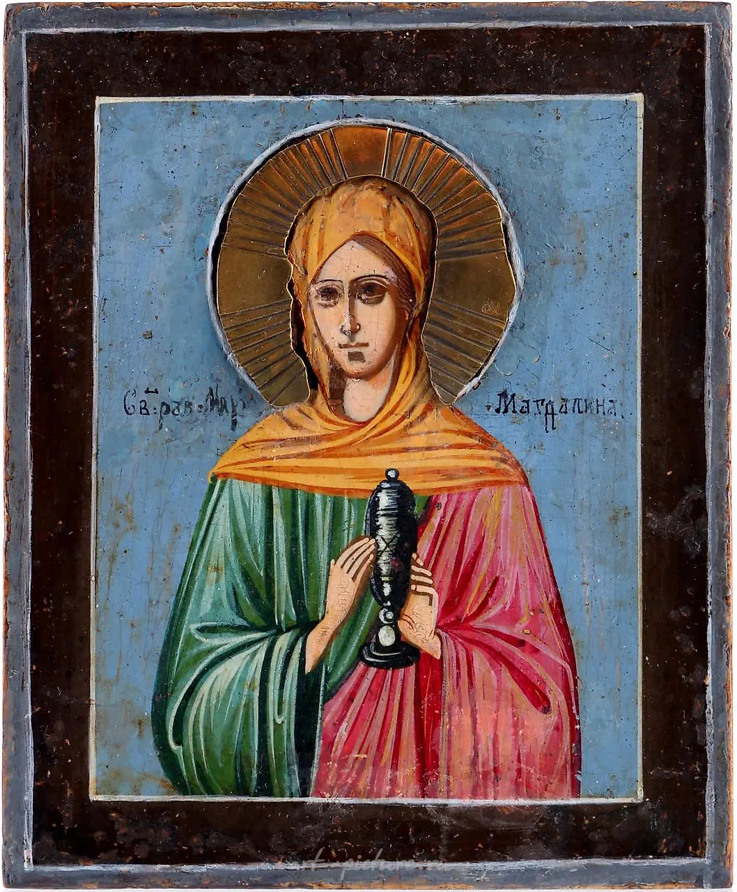 Russian icon of Saint Mary Magdalene with 84 zolotniki silver ha...