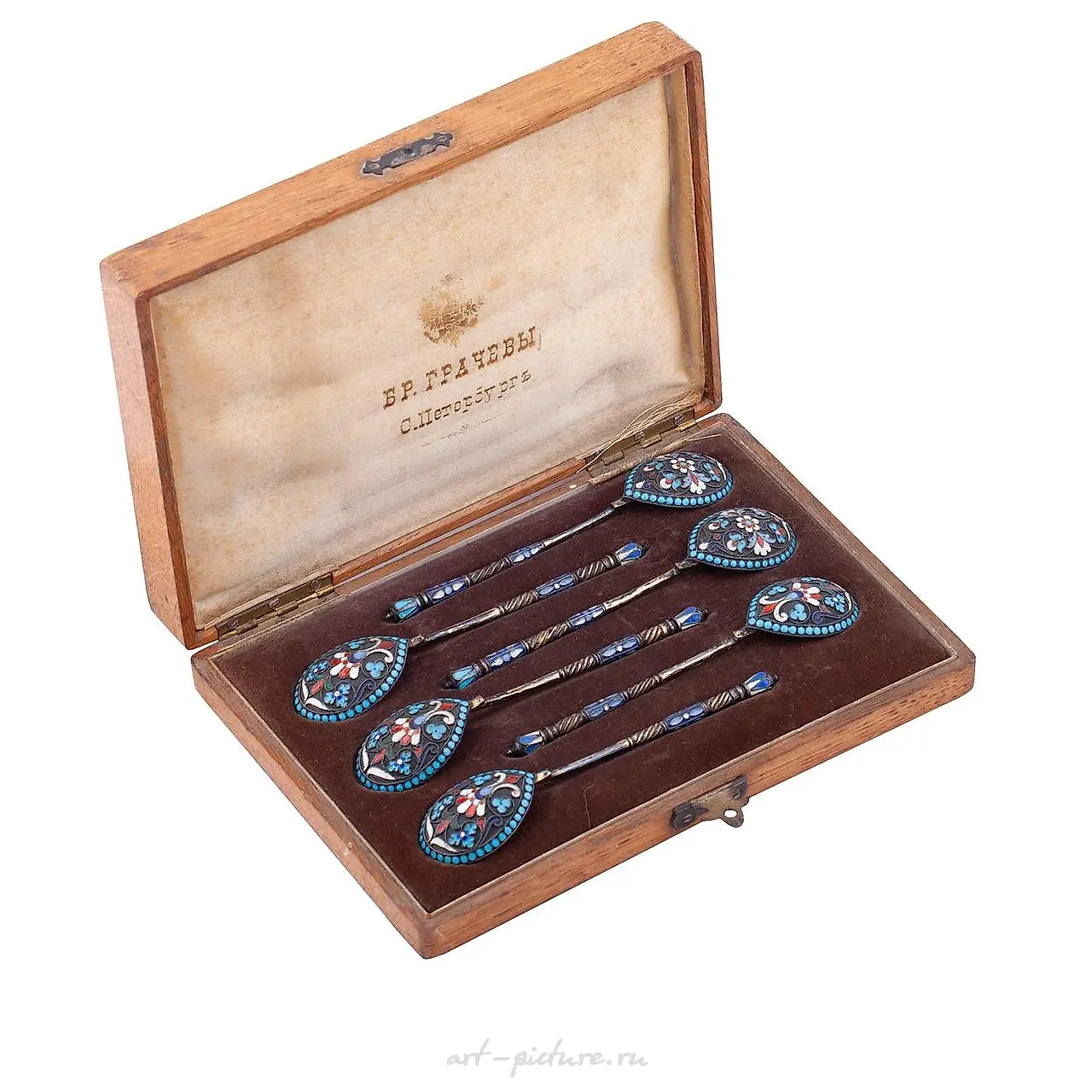 A Russian silver-gilt and cloisonne enamel tea spoons set, Gr...