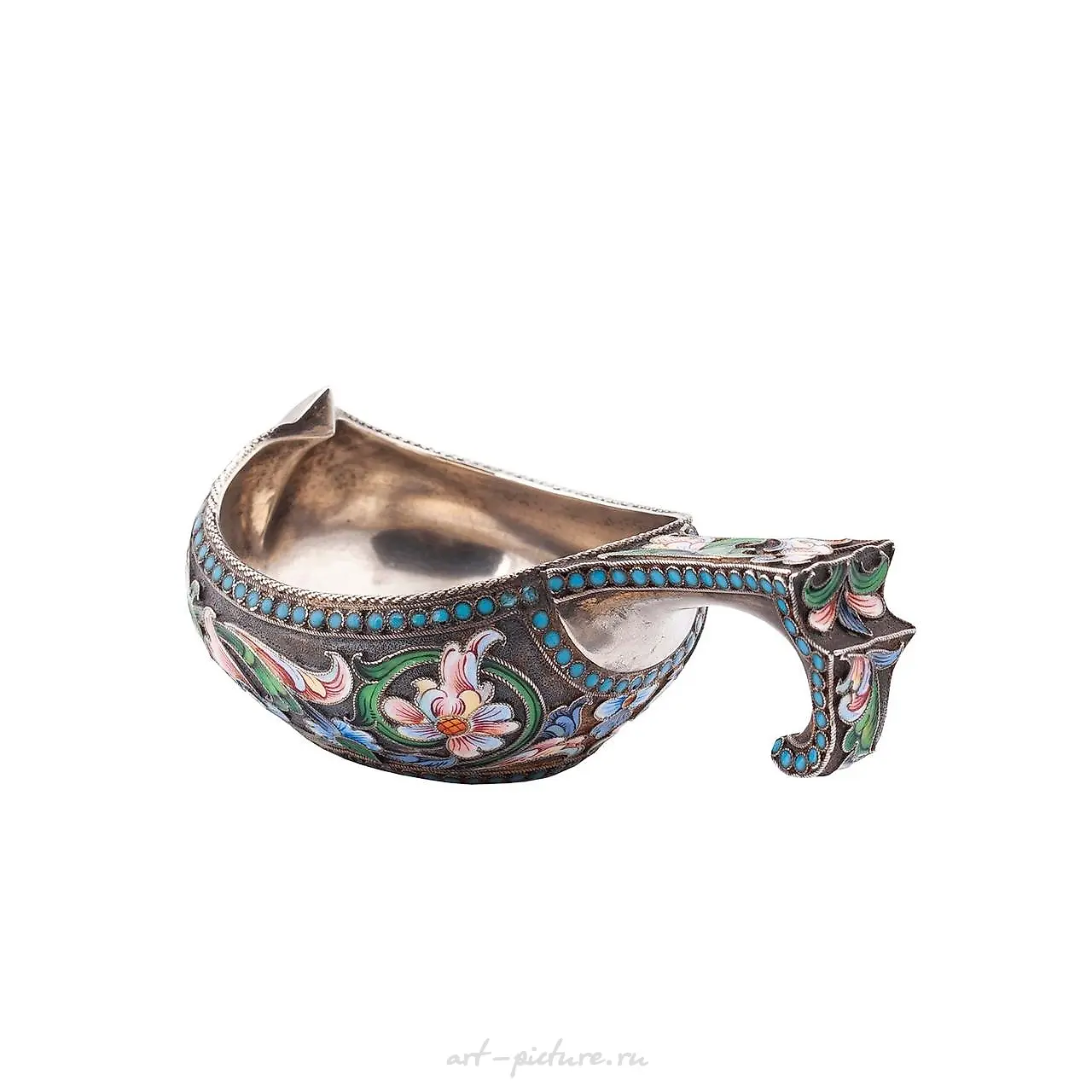 A Russian silver and cloisonné enamel kovsh by I. Saltikov. — photo 4