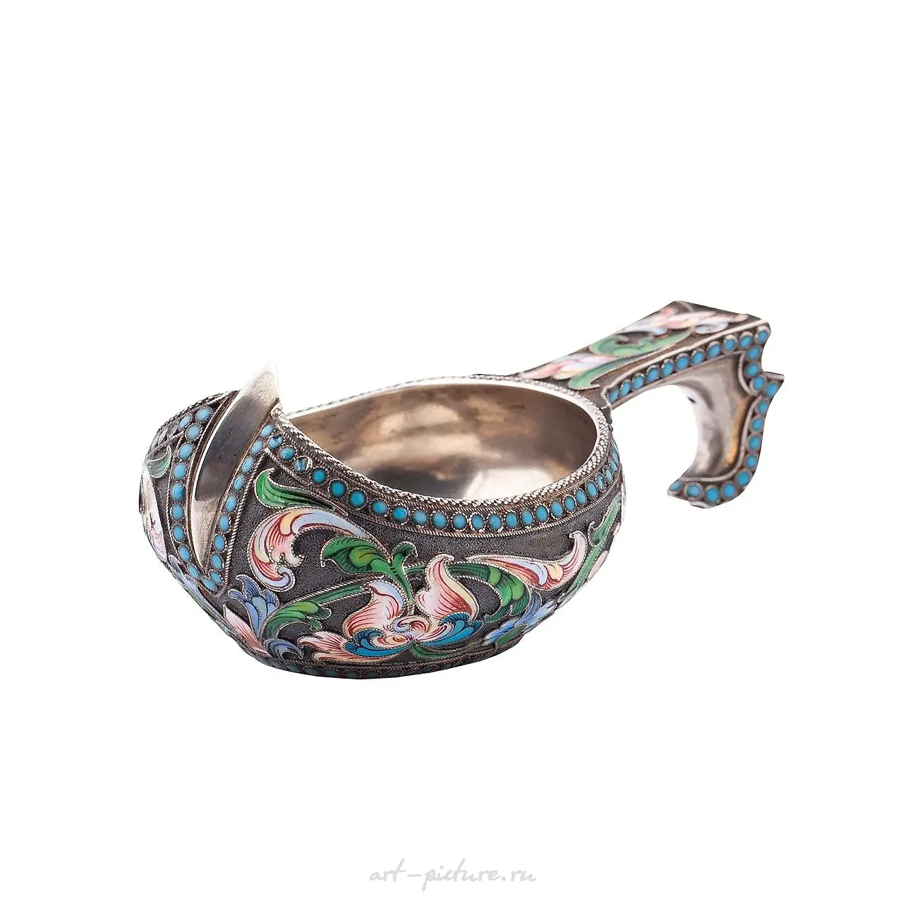 A Russian silver and cloisonné enamel kovsh by I. Saltikov.