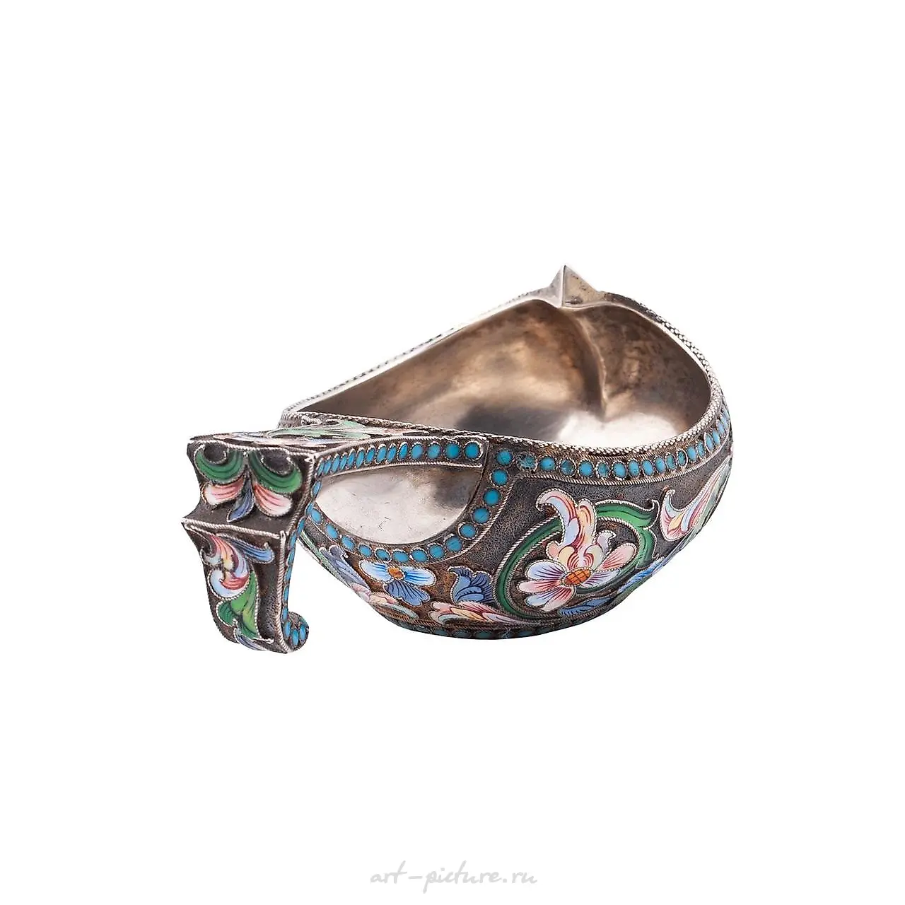 A Russian silver and cloisonné enamel kovsh by I. Saltikov. — photo 3