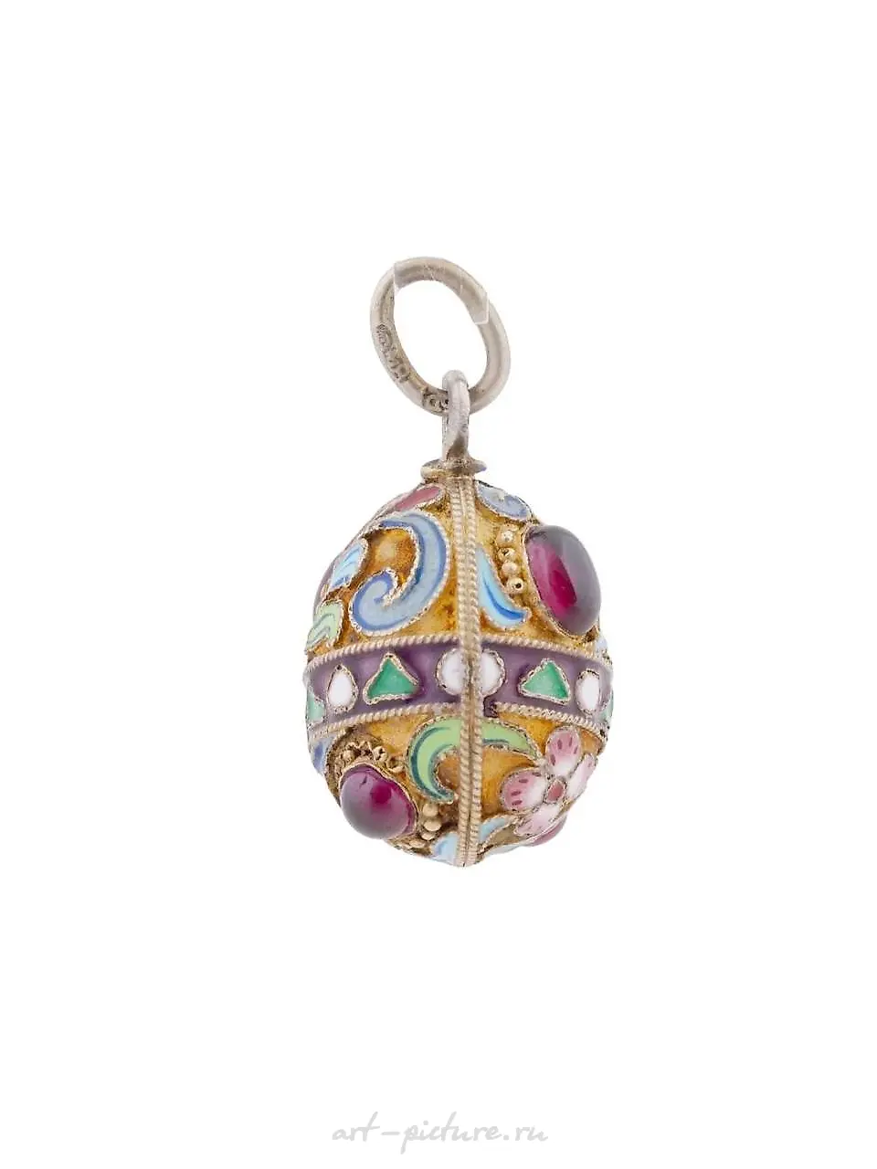 RUSSIAN SILVER GILT ENAMEL GEMSTONES EGG PENDANT — photo 2