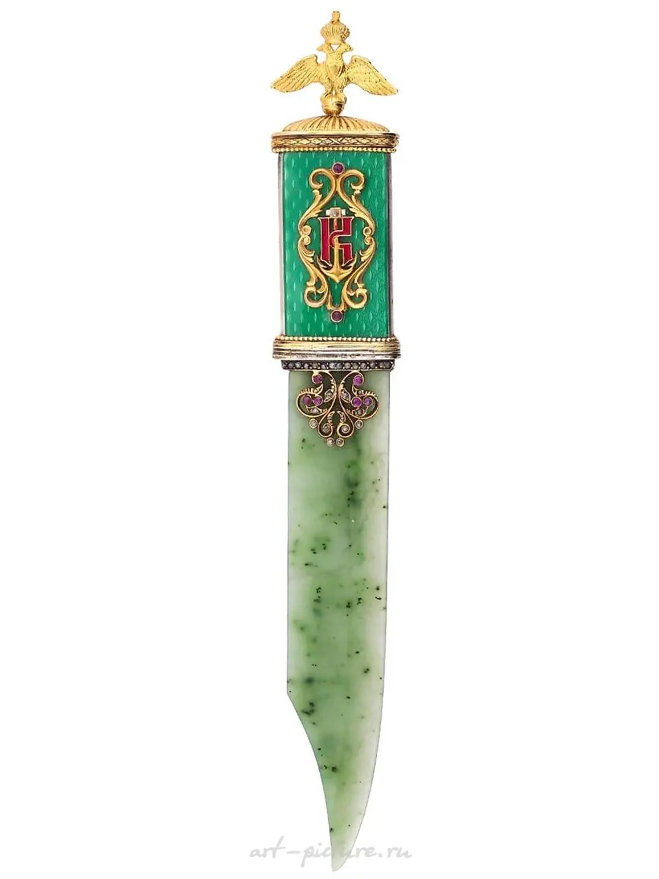 RUSSIAN SILVER JADE DIAMONDS LETTER OPENER KNIFE — photo 2
