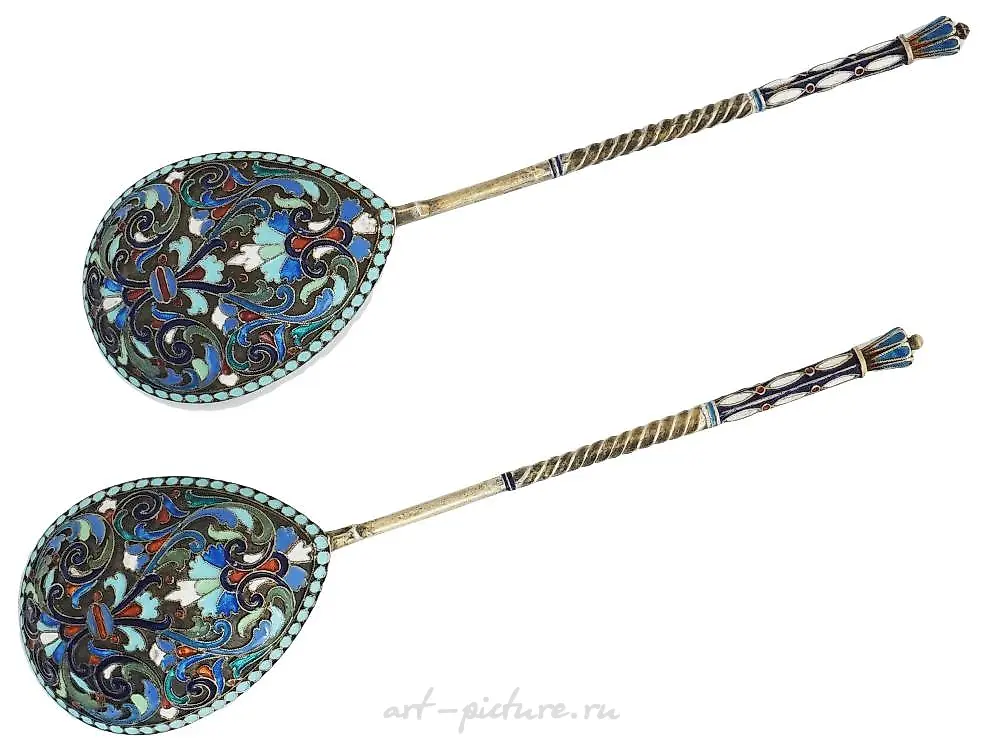 PAIR OF RUSSIAN SILVER AND CLOISONNE ENAMEL SPOON