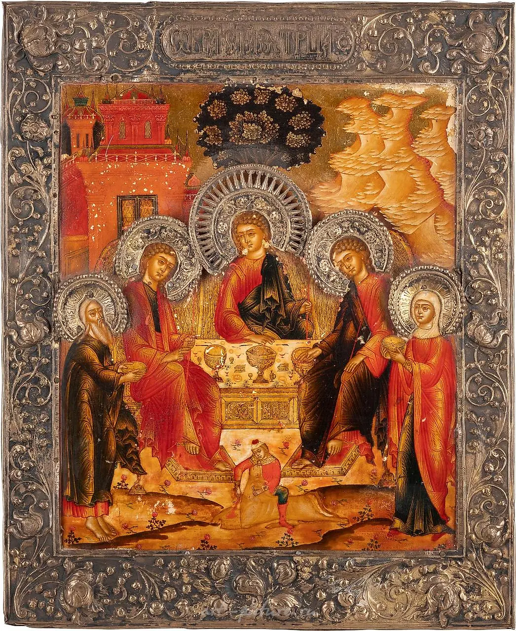 A VERY FINE ICON SHOWING THE OLD TESTAMENT TRINITY WITH A S