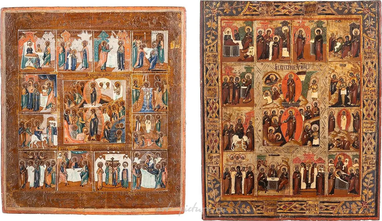 TWO FEAST DAY ICONS Russian, late 19th century Tempera on wood