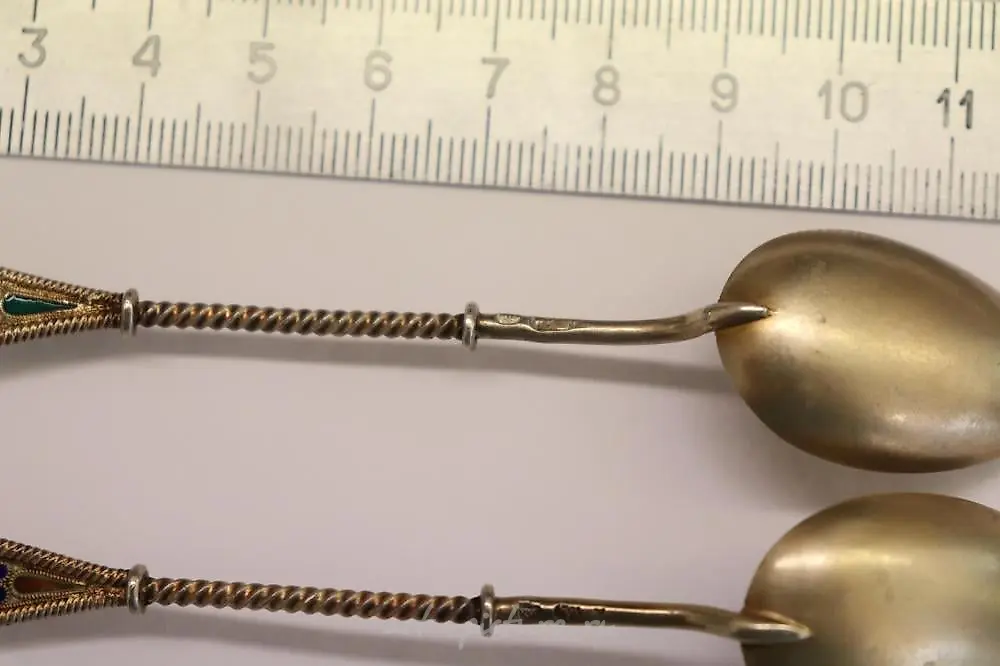 Karl Faberge pair of silver gilded tea spoons with unique tr... — photo 4
