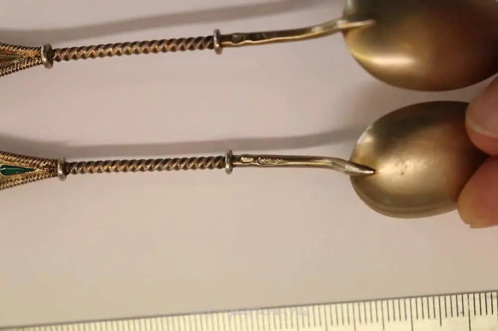 Karl Faberge pair of silver gilded tea spoons with unique tr... — photo 6