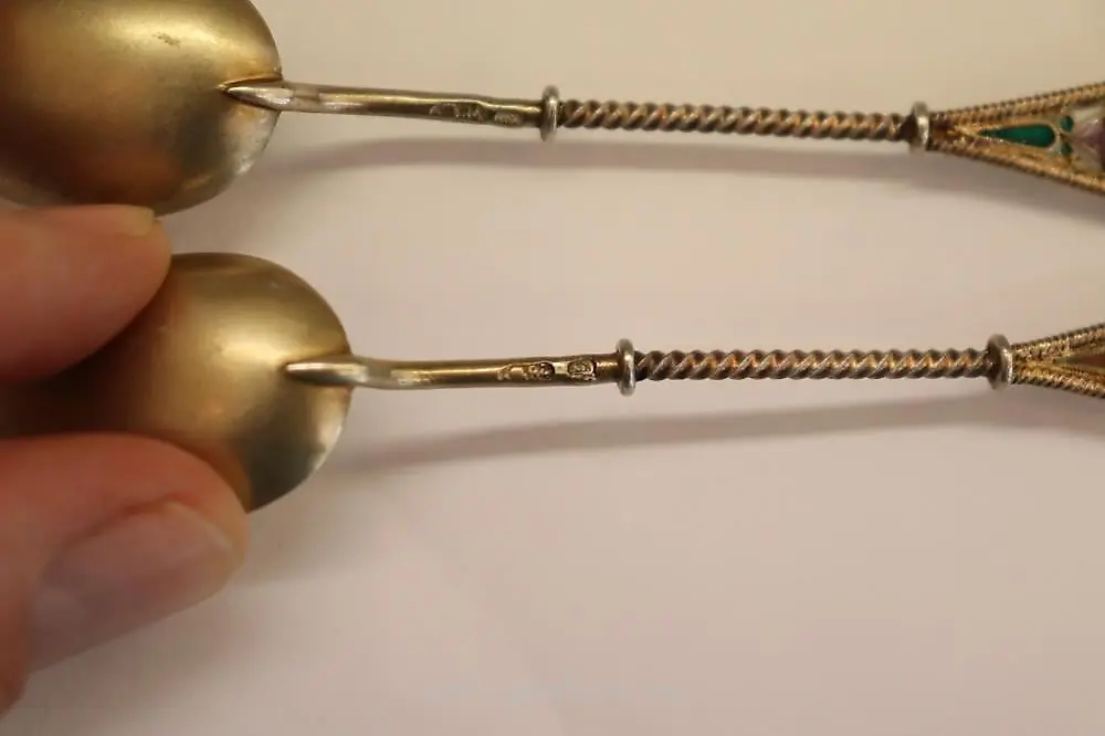 Karl Faberge pair of silver gilded tea spoons with unique tr... — photo 7