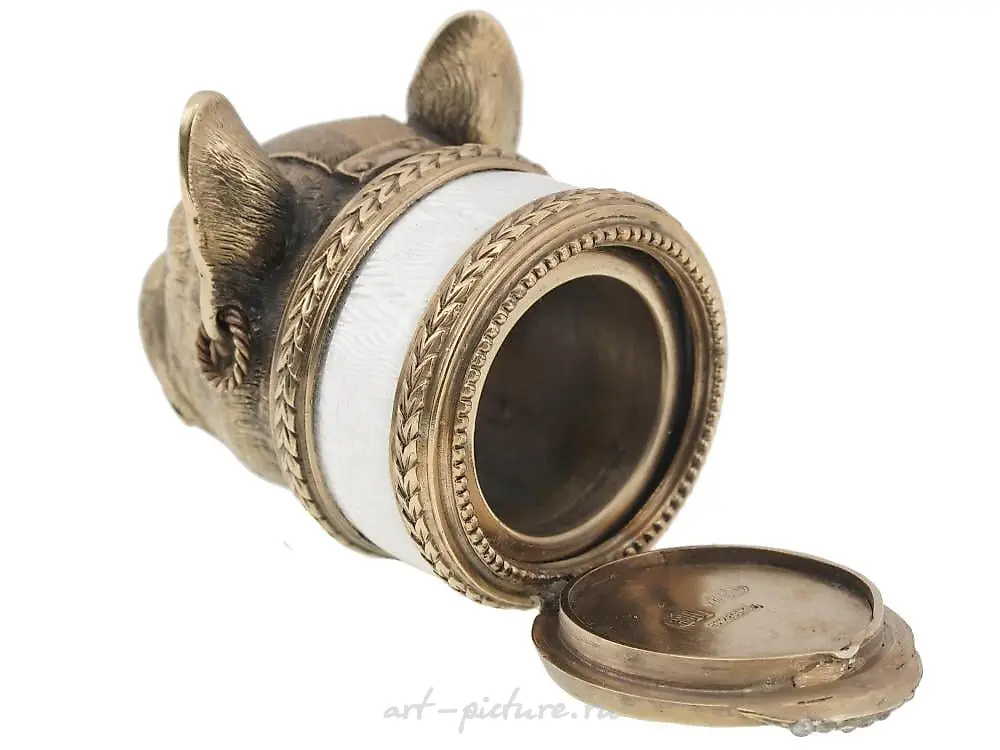 RUSSIAN 84 GILT SILVER ENAMEL BULL DOG SNUFF BOX — photo 3