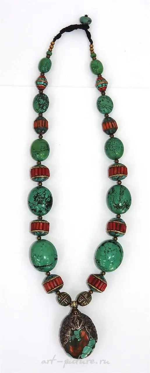 Колье из коралла, малахита, турмалина и серебра