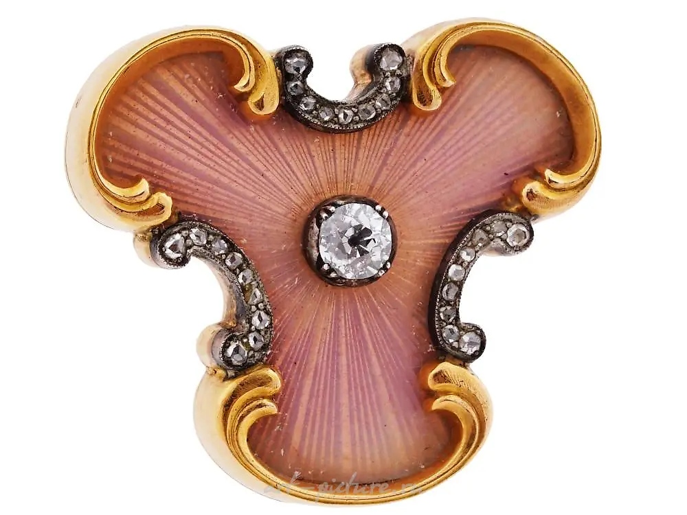 RUSSIAN GOLD ENAMEL DIAMOND BROOCH BY FABERGE IOB — photo 2