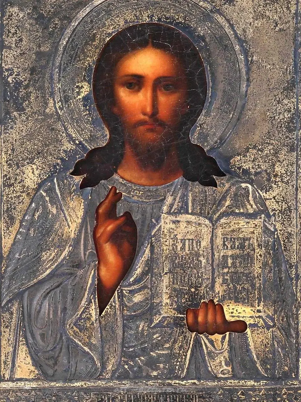 ANTIQUE RUSSIAN ORTHODOX JESUS ICON SILVER OKLAD — photo 2