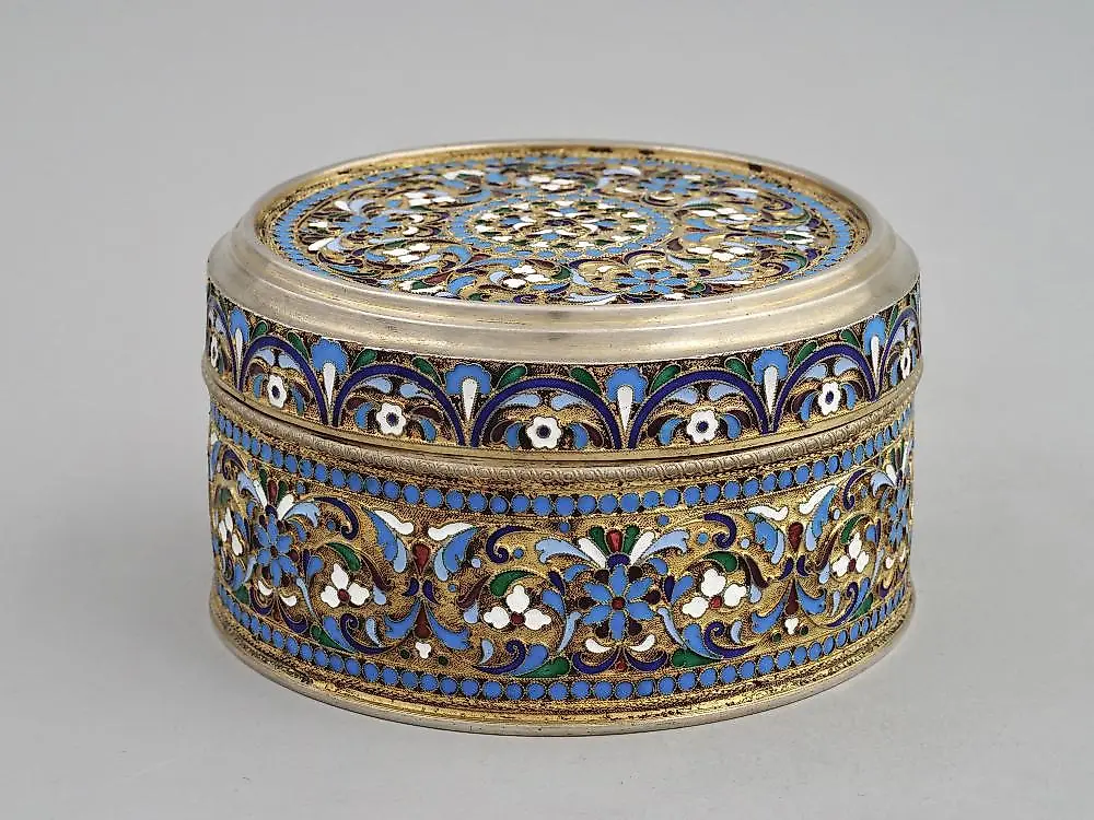 A LARGE RUSSIAN SILVER AND CLOISONNE ENAMEL JEWELRY BOX