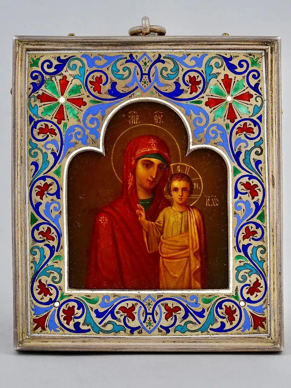 Русская православная икона из позолоченного серебра и клоизоне эмали — фото 2