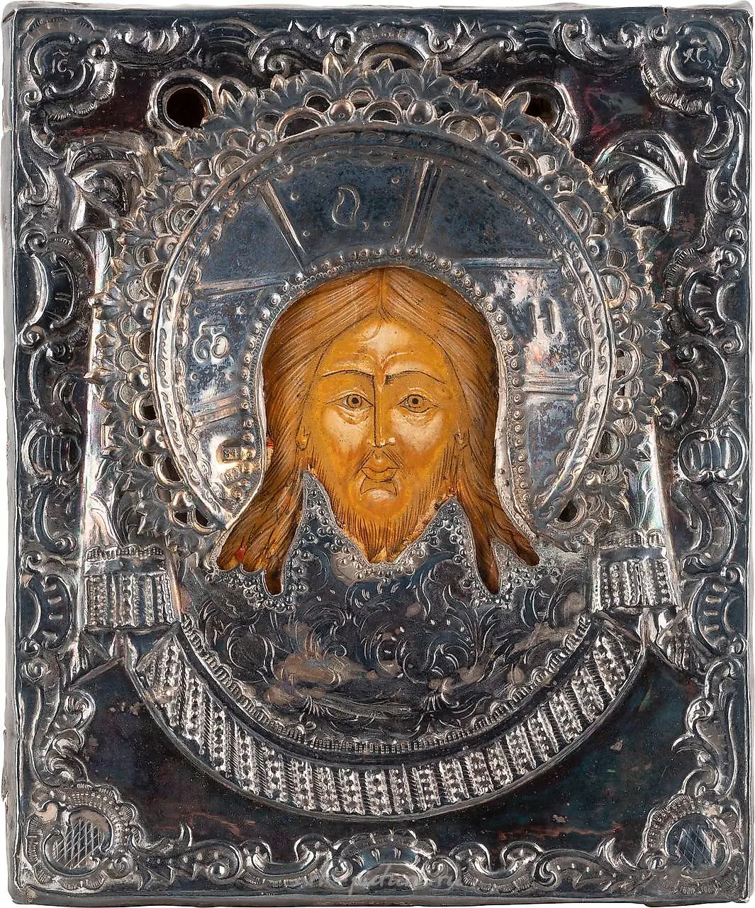 A SMALL ICON SHOWING THE MANDYLION WITH A SILVER OKLAD Russian