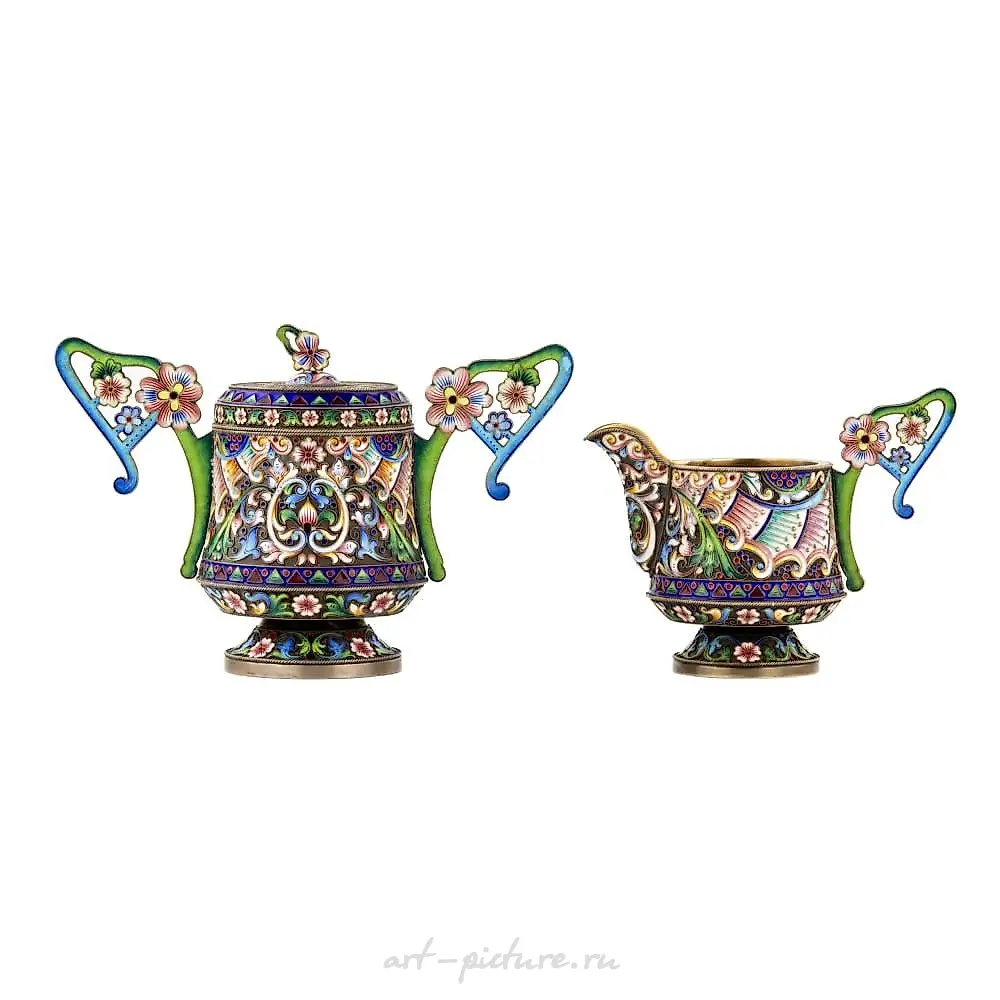 Art Nouveau cloisonne enamel Russian silver creamer and sugar... — photo 4