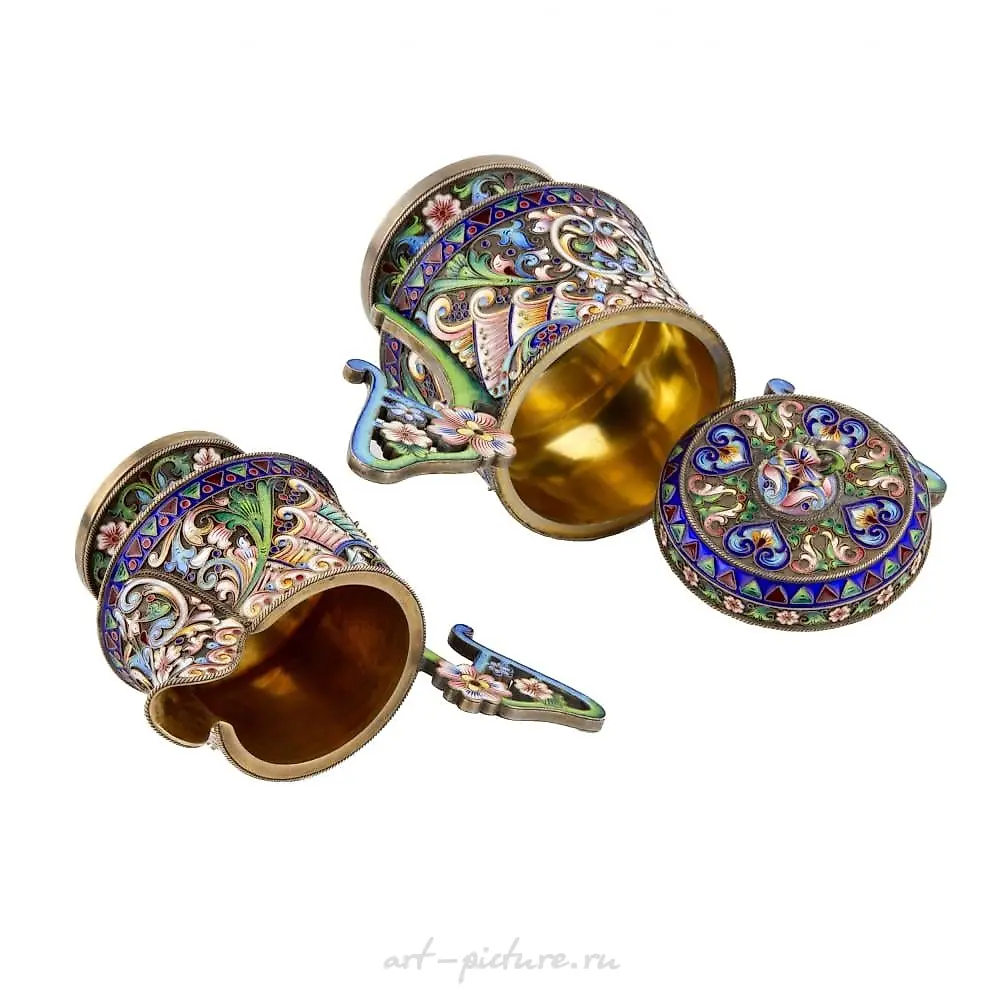 Art Nouveau cloisonne enamel Russian silver creamer and sugar... — photo 2
