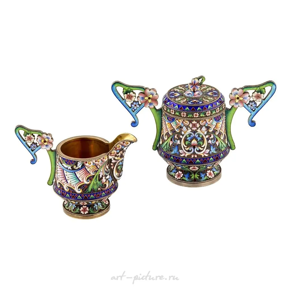 Art Nouveau cloisonne enamel Russian silver creamer and sugar...