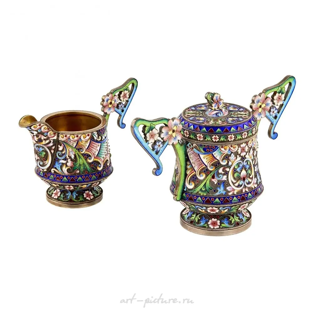 Art Nouveau cloisonne enamel Russian silver creamer and sugar... — photo 8