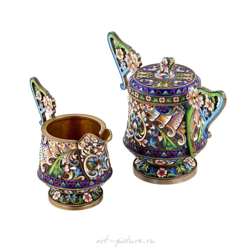 Art Nouveau cloisonne enamel Russian silver creamer and sugar... — photo 9