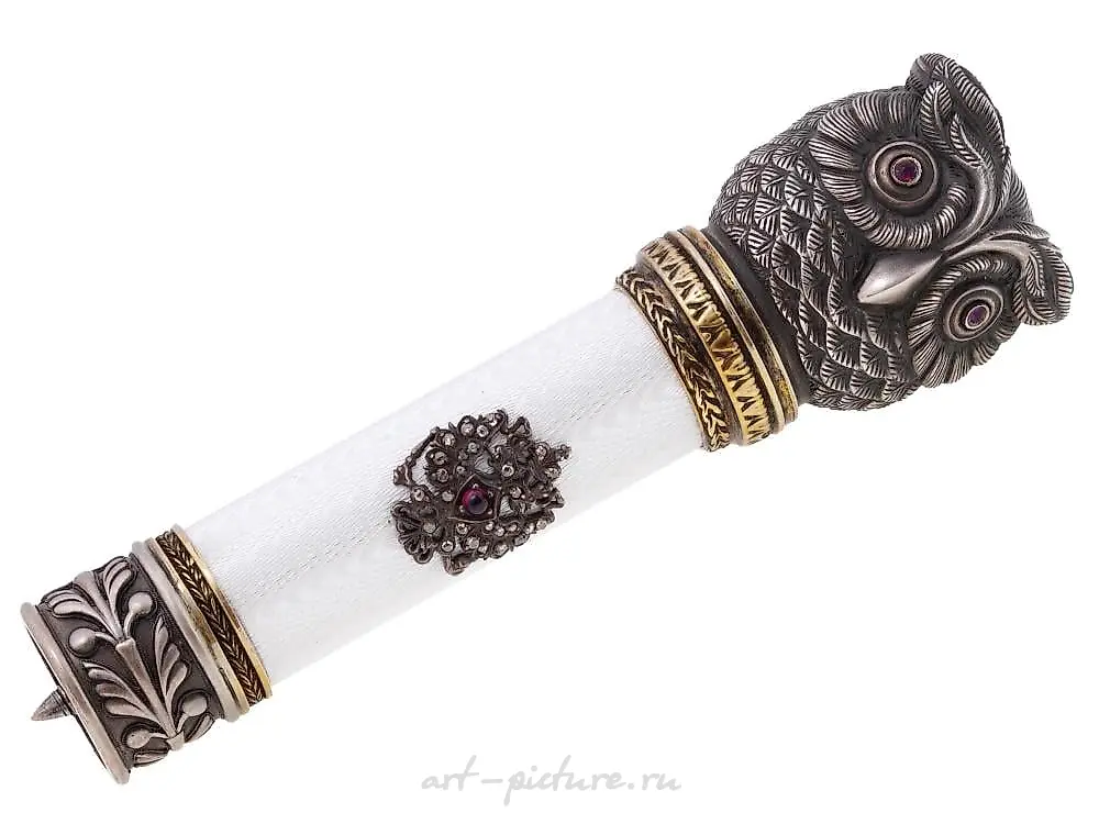 RUSSIAN SILVER ENAMEL STONE DOG HEAD CANE HANDLE — photo 4