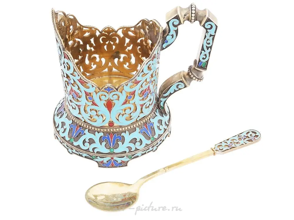 RUSSIAN SILVER ENAMEL TEA GLASS HOLDER WITH SPOON — photo 4