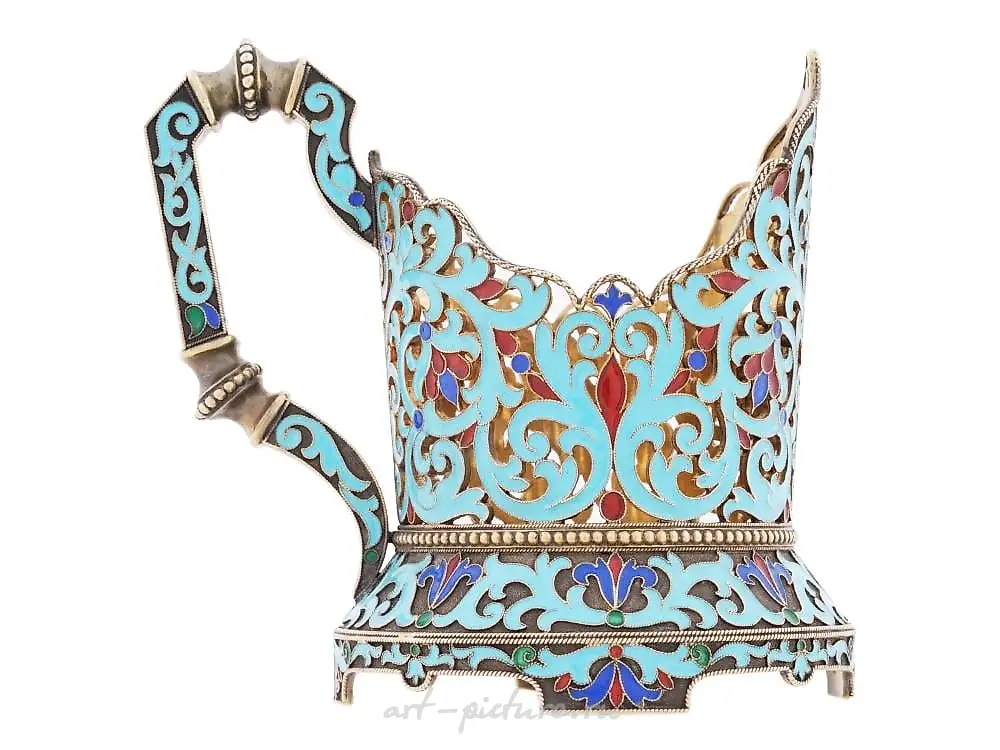 RUSSIAN SILVER ENAMEL TEA GLASS HOLDER WITH SPOON — photo 3