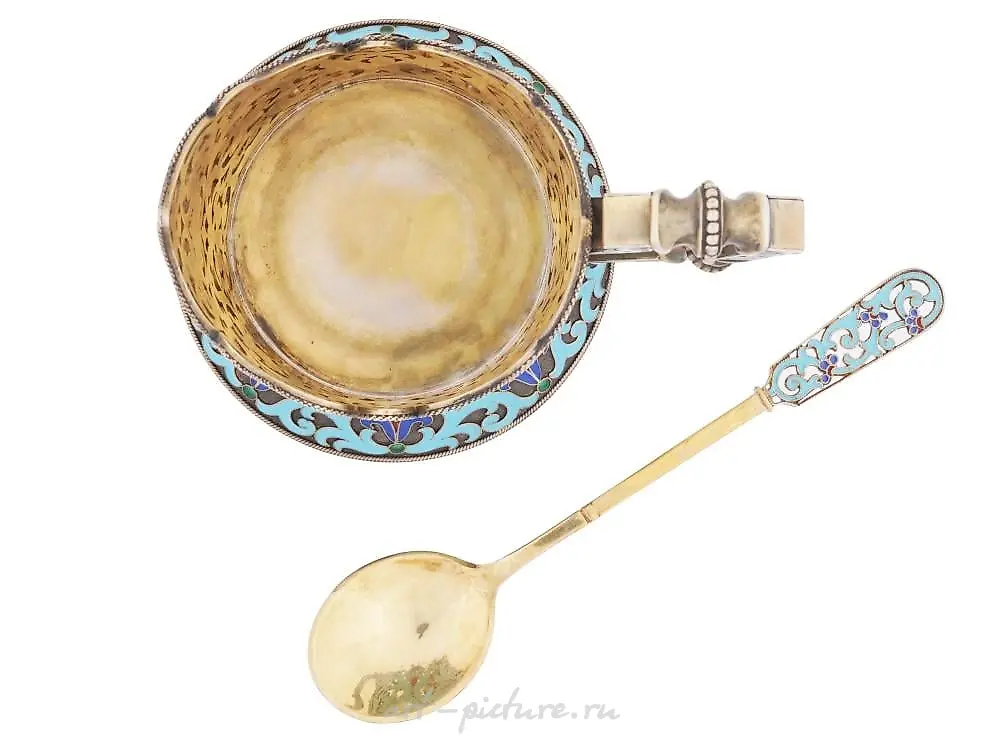 RUSSIAN SILVER ENAMEL TEA GLASS HOLDER WITH SPOON — photo 11