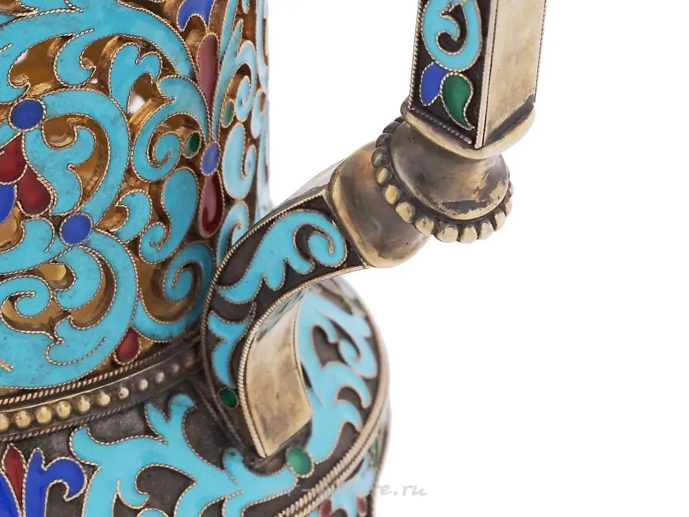 RUSSIAN SILVER ENAMEL TEA GLASS HOLDER WITH SPOON — photo 12