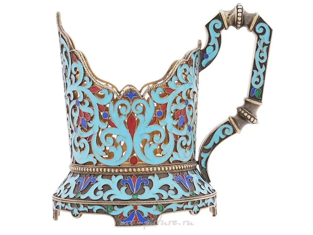 RUSSIAN SILVER ENAMEL TEA GLASS HOLDER WITH SPOON — photo 10