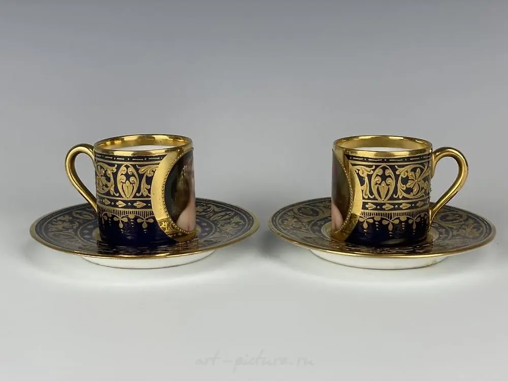 Фарфоровая пара чашек и блюдец с портретами от Вагнера, 1900 год, отличное состояние — фото 4