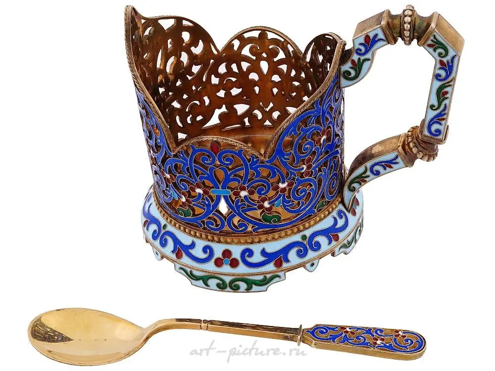 RUSSIAN GILT SILVER TEA GLASS HOLDER WITH SPOON — photo 2