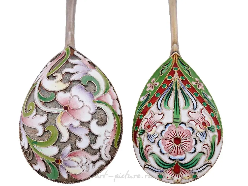 RUSSIAN GILT SILVER CLOISONNE ENAMEL TEA SPOONS — photo 5