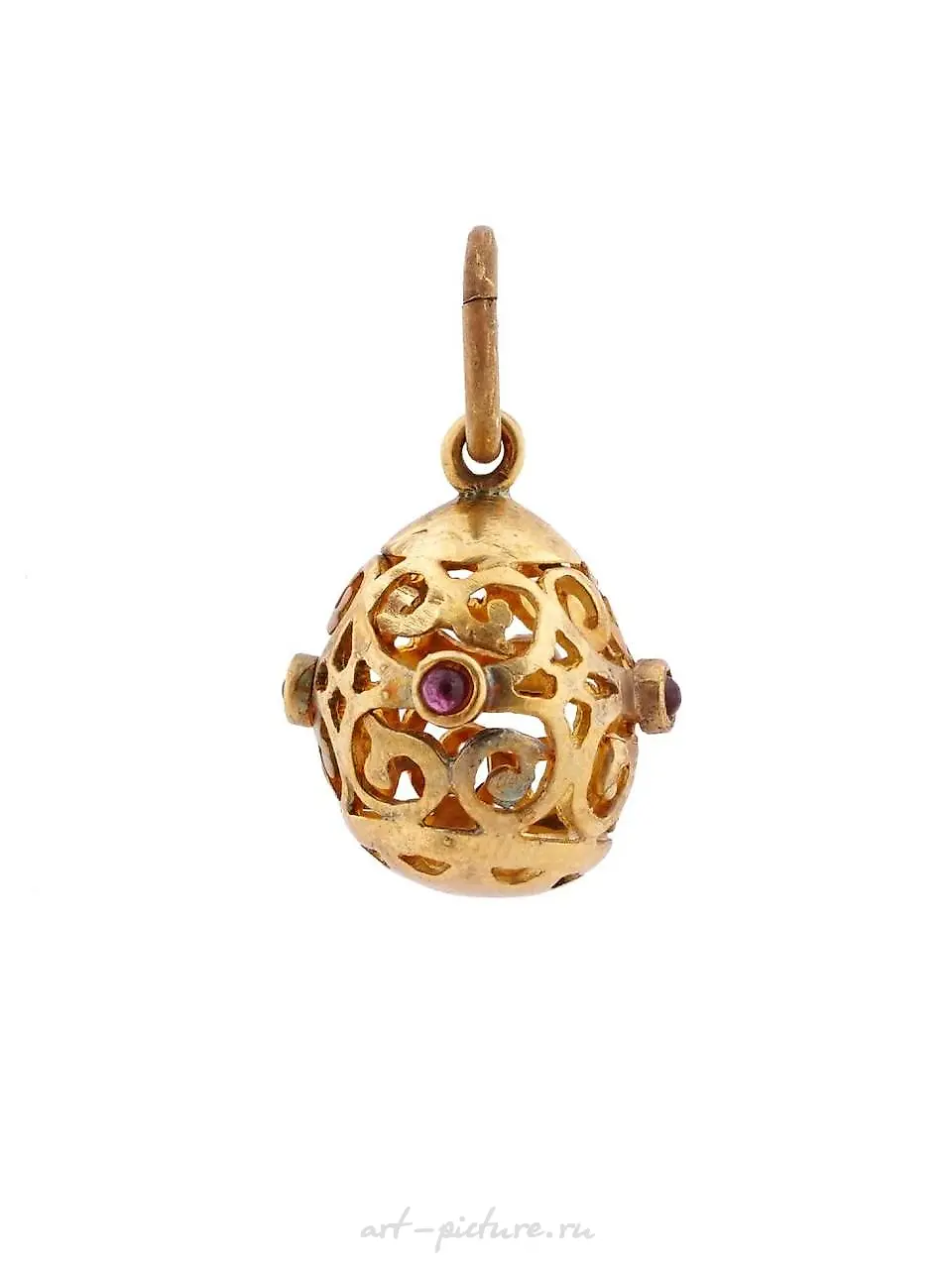 RUSSIAN SILVER GILT OPENWORK EGG PENDANT WITH RUBY