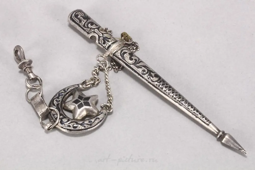 Russian Caucasus Silver and Niello Dagger Brooch.